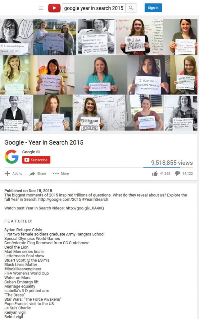 Screenshot of the Google 2015 Year in Search video on Youtube with 15 women holding #ILookLikeAnEngineer signs, including Sarah
